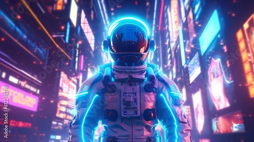 Sci-fi Retrowave space illustration of science fiction scene with mysterious astronaut figure in space suit surrounded by glowing neon tube lights. Generative Ai.