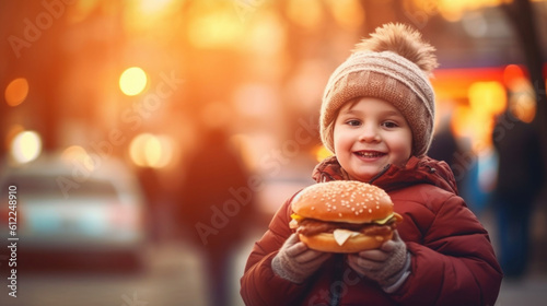 Cute happy boy 7 years old with a burger on cafe.