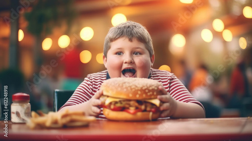 Cute fat happy boy 7 years old with a burger on cafe.
