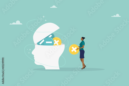 Think negative. Add positive thoughts to negative people. vector business concept. Flat illustration.
