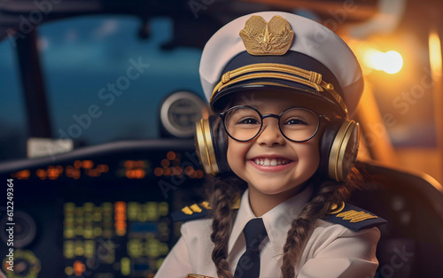 Fotografie, Obraz Happy and joyful looking kid dressed as an airplane pilot in the cockpit of an a