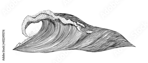 The sea wave. Ocean. Hand-drawn. Graphics. Engraving