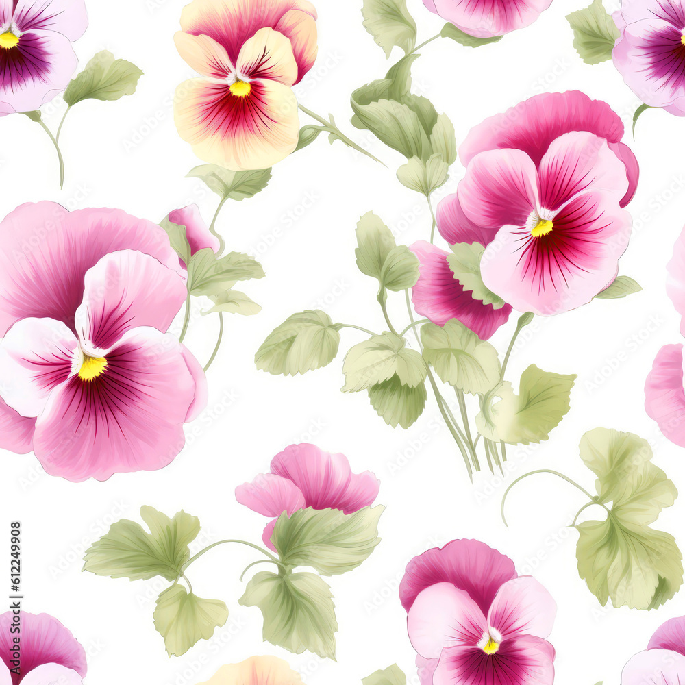 Pink Pansies On White Background. Seamless Background. Generative AI