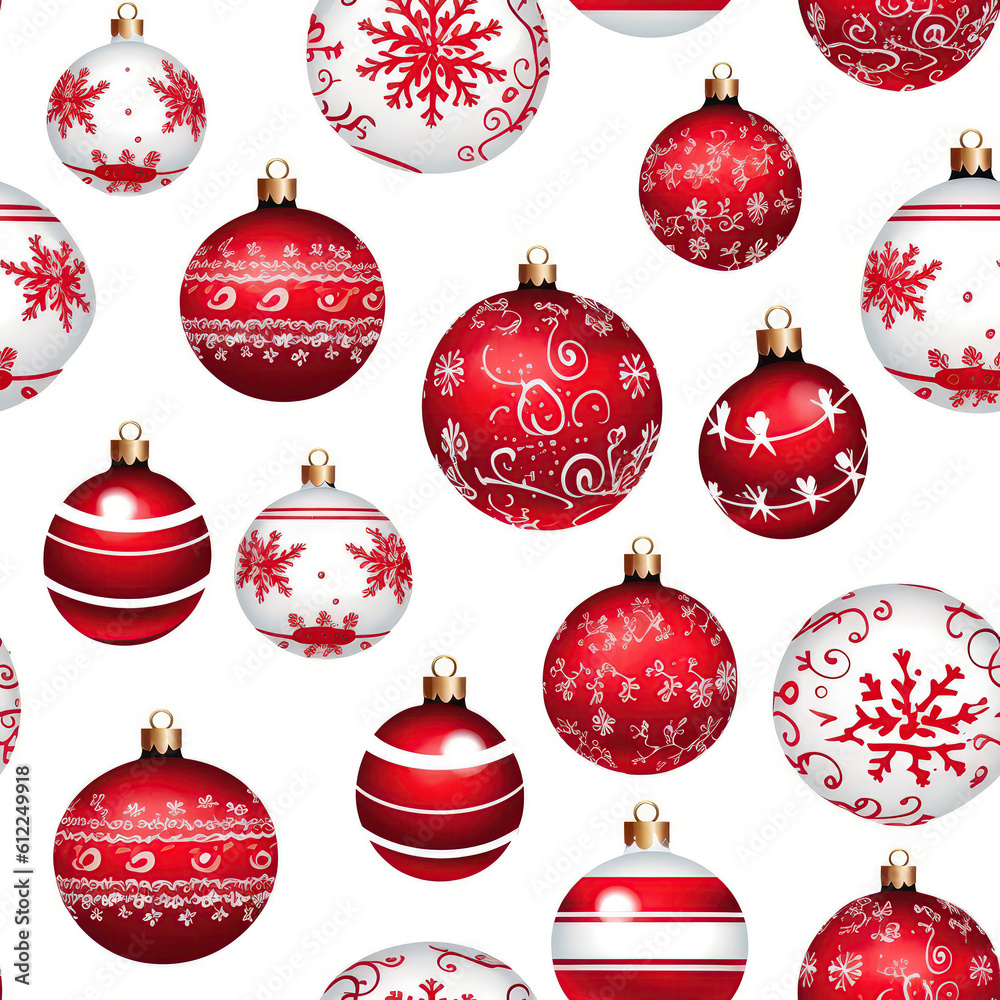 Red Christmas Tree Balls On White Background. Seamless Background. Generative AI Red Christmas Tree Balls On White Background. Seamless Background. Generative AI