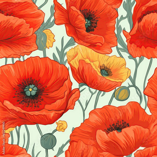 Poppies Closeup  Background. Seamless Background. Generative AI