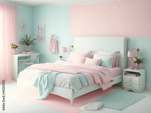 Minimalist bed Room with a cute Nostalgic pastel vibe, Generative AI.