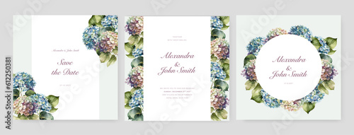 Wedding invitation card set template with colorful flowers and leaves watercolor