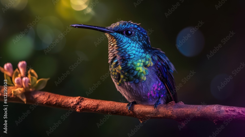 A blue hummingbird sits on a branch sunny day bright , Generative Ai A blue hummingbird sits on a branch sunny day bright , Generative Ai