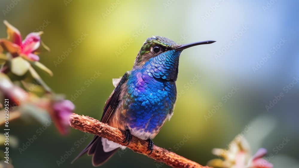 A blue hummingbird sits on a branch sunny day bright , Generative Ai A blue hummingbird sits on a branch sunny day bright , Generative Ai