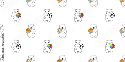 bear polar seamless pattern sport football soccer beach ball basketball volleyball teddy cartoon vector gift wrapping paper tile background repeat wallpaper doodle scarf isolated illustration design