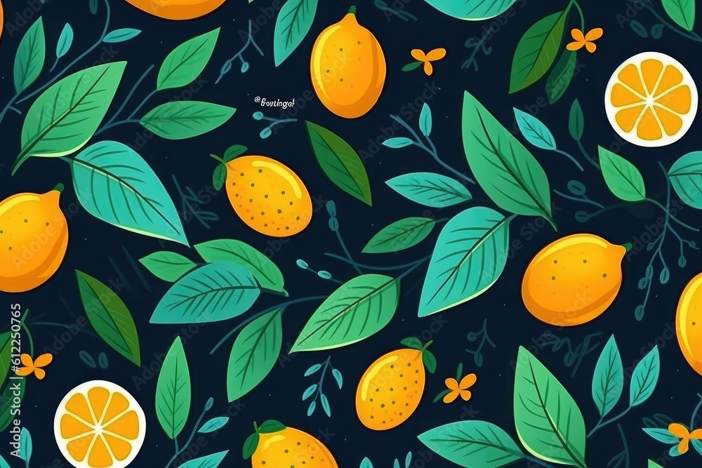 Orange And Leaf Pattern On blue Background , Generative Ai Orange And Leaf Pattern On blue Background , Generative Ai