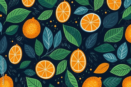 Orange And Leaf Pattern On blue Background , Generative Ai