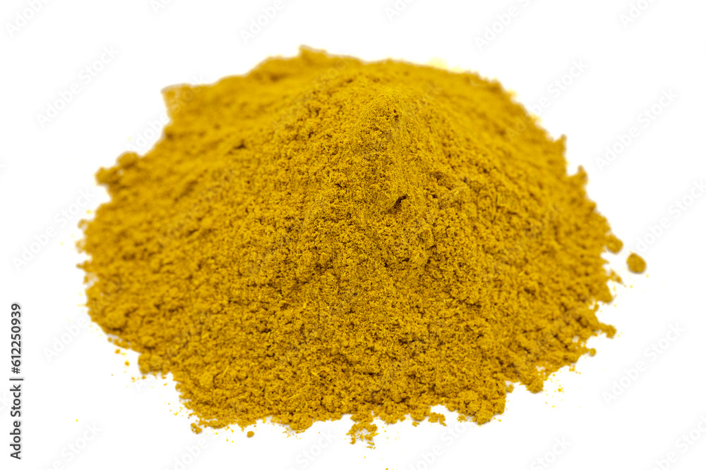 Curry powder isolated on white background. Pile of curry powder. close up Curry powder isolated on white background. Pile of curry powder. close up