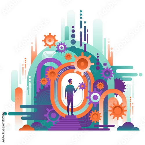 Business work flow. Leadership to drive team and initiate productivity and efficiency. Workforce organization and management. Smart businessman manager use his skill to rotate group of cogwheels gear.