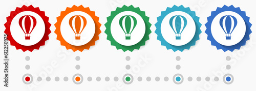 Balloon, air transport vector icon set, colorful infographic template, set of flat design badge icons in 5 color options