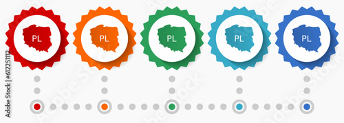 Map of Poland vector icon set, colorful infographic template, set of flat design badge icons in 5 color options