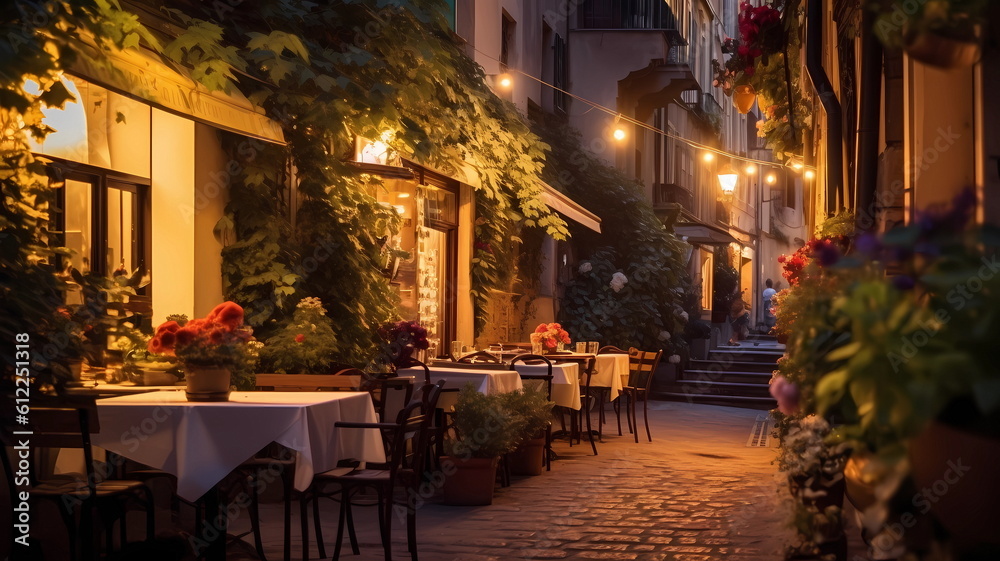 Fototapeta premium summer city street cafe in Europe ,Italy,Spain,Greece and Baltic Countryes ,medieval town ,people walk,day and evening life ,candles blurred light,cup of coffee on Table,style,generated ai