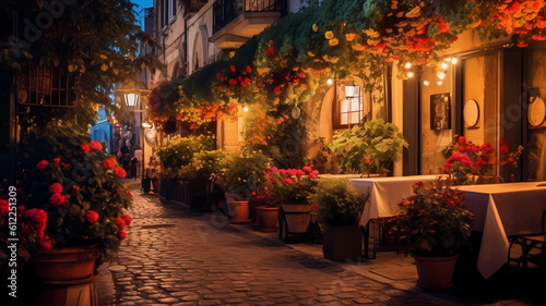 summer city street cafe in Europe  Italy Spain Greece   and Baltic Countryes  medieval town  people walk day and evening life  candles blurred light cup of coffee on Table style generated ai