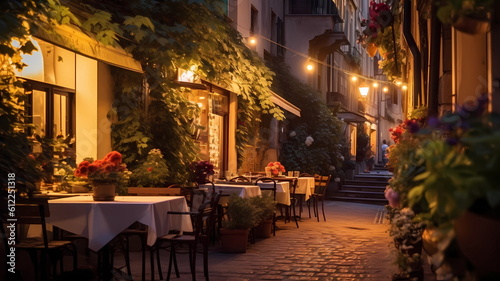 summer city street cafe in Europe ,Italy,Spain,Greece 
 and Baltic Countryes ,medieval town ,people walk,day and evening life ,candles blurred light,cup of coffee on Table,style,generated ai