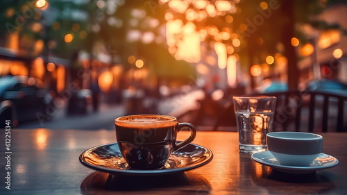 summer city street cafe in Europe  Italy Spain Greece   and Baltic Countryes  medieval town  people walk day and evening life  candles blurred light cup of coffee on Table style generated ai