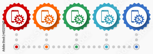 Mobile phone, smartphone service vector icon set, colorful infographic template, set of flat design badge icons in 5 color options