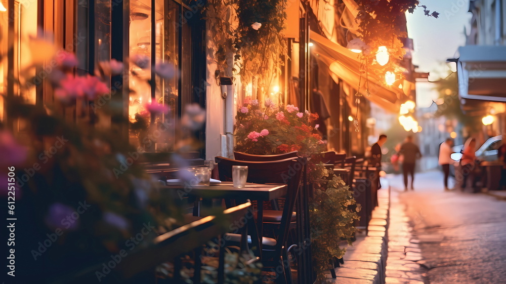Obraz premium summer city street cafe in Europe ,Italy,Spain,Greece and Baltic Countryes ,medieval town ,people walk,day and evening life ,candles blurred light,cup of coffee on Table,style,generated ai