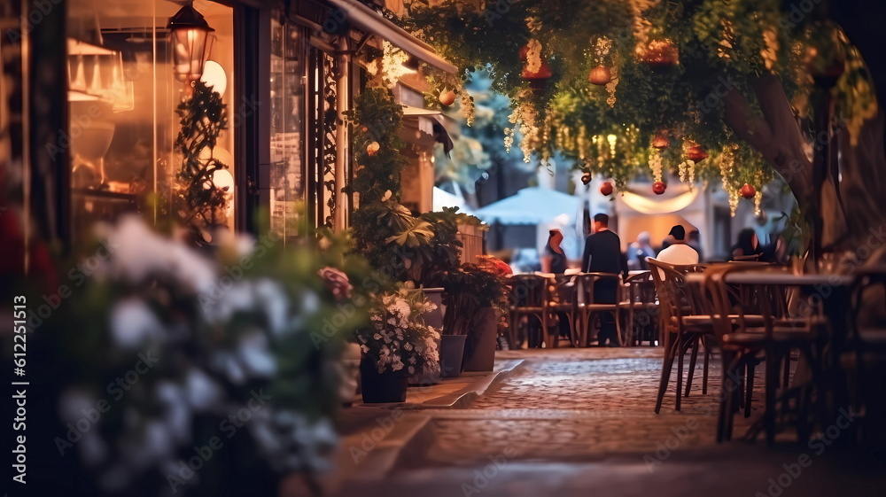 Obraz premium summer city street cafe in Europe ,Italy,Spain,Greece and Baltic Countryes ,medieval town ,people walk,day and evening life ,candles blurred light,cup of coffee on Table,style,generated ai