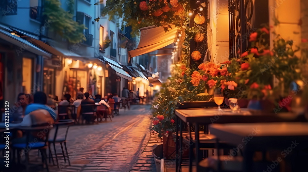 summer city street cafe in Europe ,Italy,Spain,Greece 
 and Baltic Countryes ,medieval town ,people walk,day and evening life ,candles blurred light,cup of coffee on Table,style,generated ai