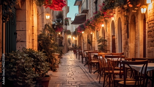 summer city street cafe in Europe  Italy Spain Greece   and Baltic Countryes  medieval town  people walk day and evening life  candles blurred light cup of coffee on Table style generated ai