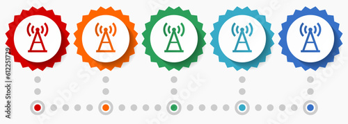 Antenna, signal vector icon set, colorful infographic template, set of flat design badge icons in 5 color options