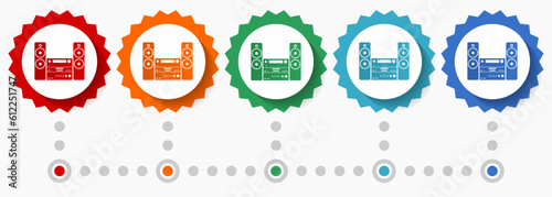 Music, stereo equipment vector icon set, colorful infographic template, set of flat design badge icons in 5 color options