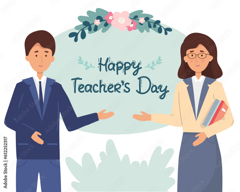 Happy Teachers Day illustration poster template. Male, female teachers. vector illustration. School teacher with books. vector illustration. flat cartoon graphic design background with lettering. Happy Teachers Day illustration poster template. Male, female teachers. vector illustration. School teacher with books. vector illustration. flat cartoon graphic design background with lettering.
