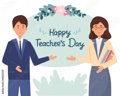 Happy Teachers Day illustration poster template. Male, female teachers. vector illustration. School teacher with books. vector illustration. flat cartoon graphic design background with lettering.
