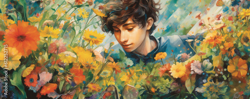 A Watercolor Painting of a Young Boy in a Flower Garden, Generative AI