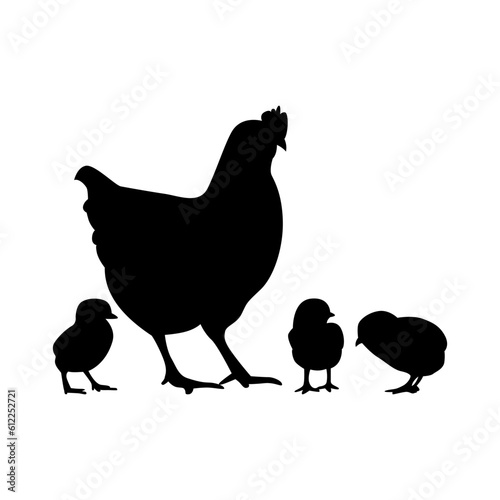 Isolated black silhouette hen and chick on white background photo