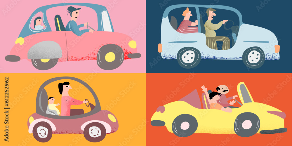 Naklejka premium Happy Family Summer Vacation Illustration with Car. Father and children. Dad and son or daughter. Vintage Retro Naive Style Mid Century Modern