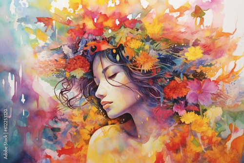 A Watercolor Painting of a Woman's Head wrapped in flowers, Generative AI © HRTNT Media