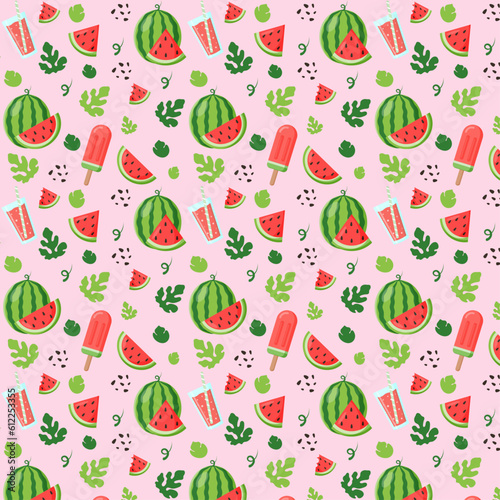 Seamless watermelon pattern. Vector summer background with watermelon slices, leaves, seeds, ice cream and juice. Vector illustration 