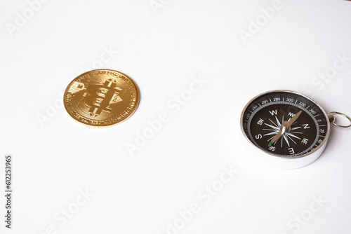 Bitcoin coin on computer background.The concept of investing in bitcoin and cryptocurrency. Cryptocurrency coins bitcoin. The dynamics of bitcoin rates. Trading on the cryptocurrency exchange. 