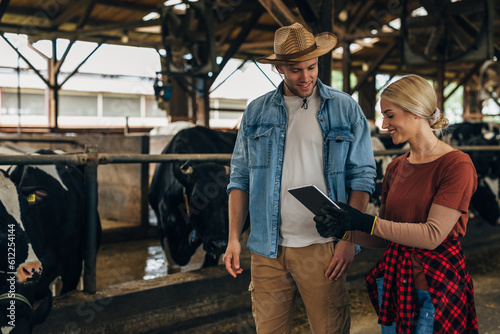 Obraz na płótnie Farmers using a digital tablet in a stable.