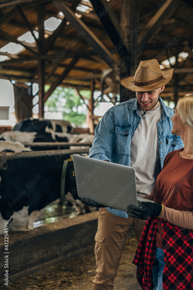 Cowboy and a woman standing in a stable with a laptop. Cowboy and a woman standing in a stable with a laptop.