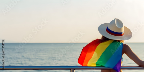 Girl wrapped in pride flag. Concept of LGBT pride. AI generated