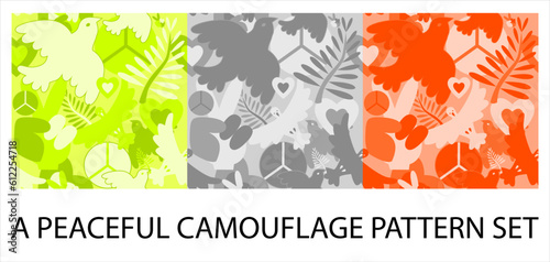 Set of 3 world camouflage vector seamless patterns. Peace symbols: dove, palm branch, peace hand gesture, and heart in orange, lemon, and gray colors.