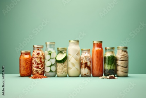 Set of fermented food in jars isolated on green background. Healthy probiotic or prebiotic diet. AI Generated.