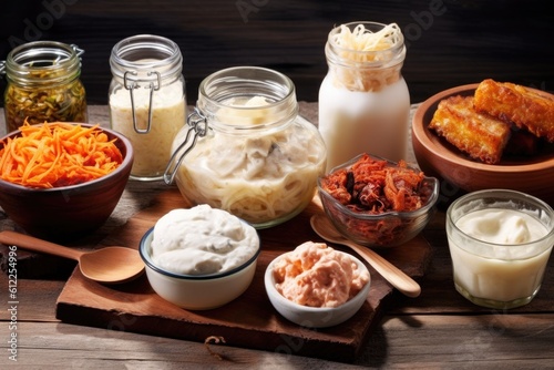 Set of fermented food in jars on a wooden table. Healthy probiotic or prebiotic diet. AI Generated.