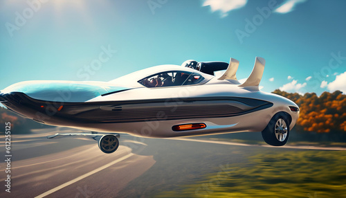 Flying car in the sky, electronic car, speed, future car,AI generated