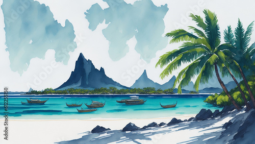Tropical island with palm trees  boats and mountains. Digital painting.