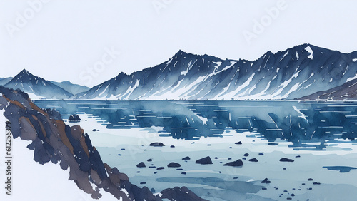 Watercolor modern landscape of Lake Baikal, the concept of travel and tourism.