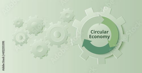 Circular economy. The concept of rational use of resources in a paper-cut style. Arrow circles and gears on a green background. Vector illustration. Web banner