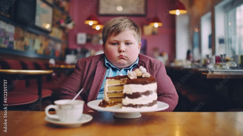 Fat boy 10 years old with a cake on blur cafe background